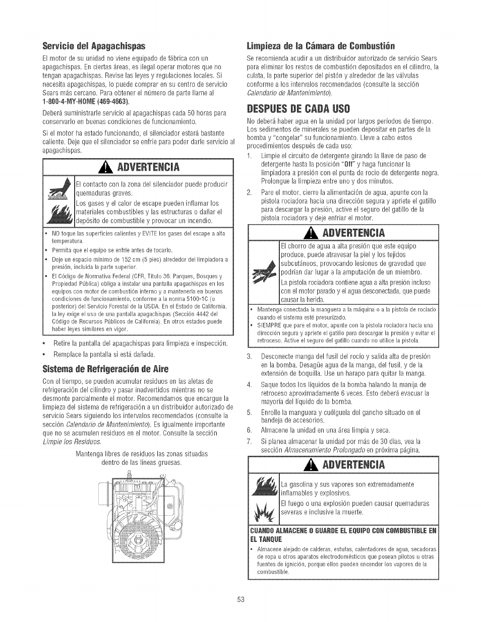 Serwicio del apagaclispas, Sistema de refriieracion de aire, Limpieza ile la cámara de cimbustión | Craftsman 580.752130 User Manual | Page 53 / 60