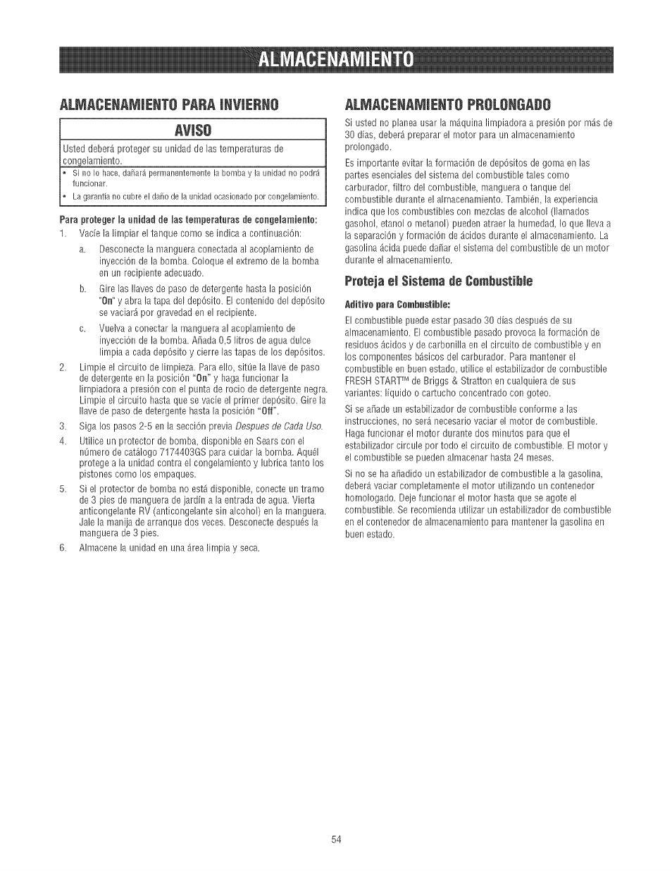 Älliceiilleito pibi liflerio, Ilmaceiameito priloigido, Proteja el sistema de comlistible | Almacenamient | Craftsman 580.752130 User Manual | Page 54 / 60