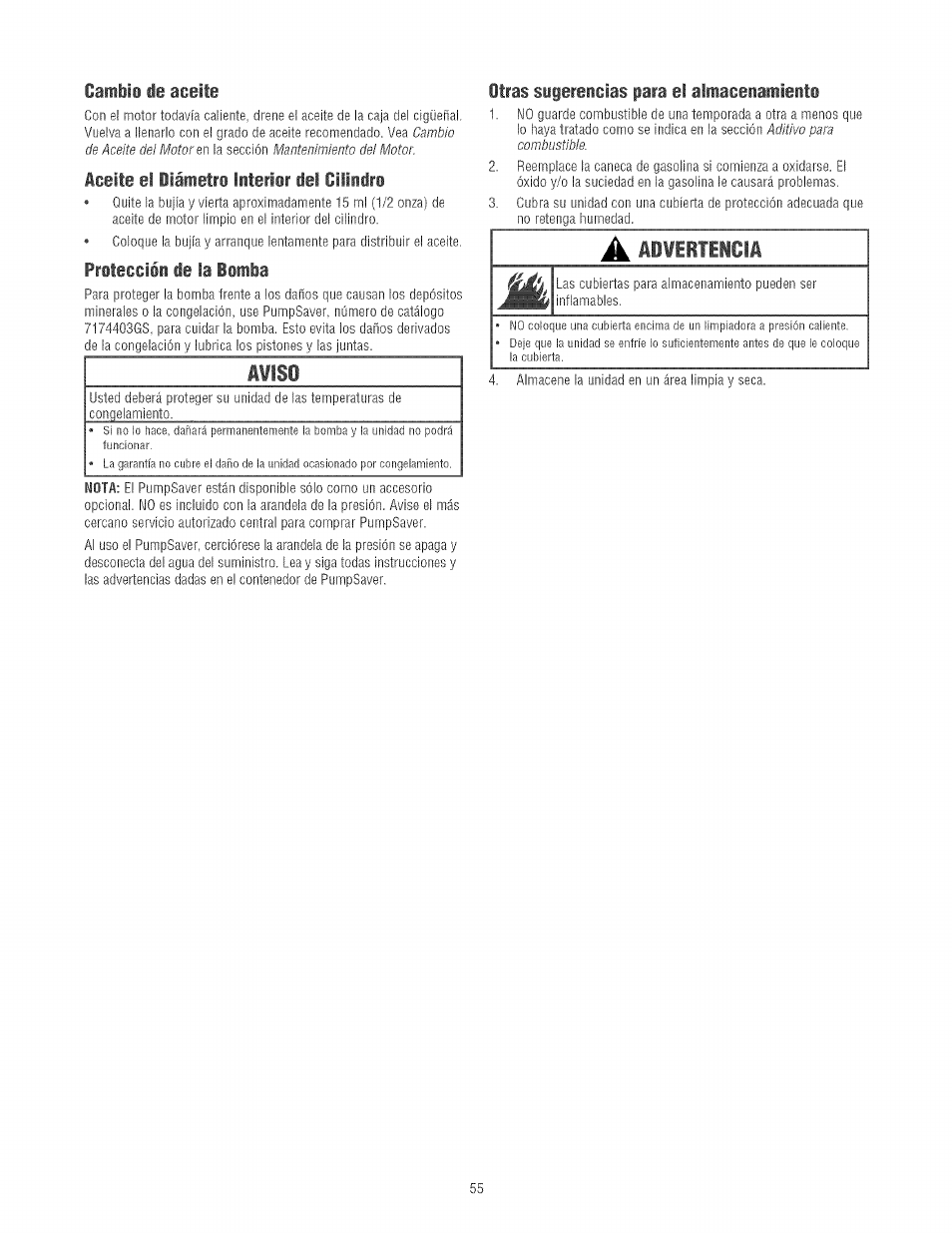 Cambis di aceite, Aceite el diámetro interior del cilindro, Pritecciéi de la bomba | Otras sigerencias para el almacenaniieiito, Ä¥isi, Ilfirtiicia | Craftsman 580.752130 User Manual | Page 55 / 60