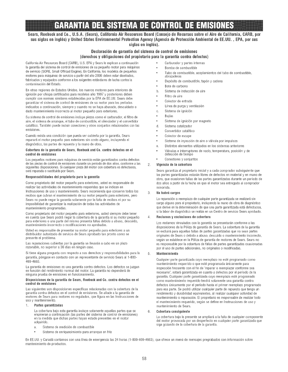 Garantia del sistema de cdntrol de emisidne | Craftsman 580.752130 User Manual | Page 58 / 60
