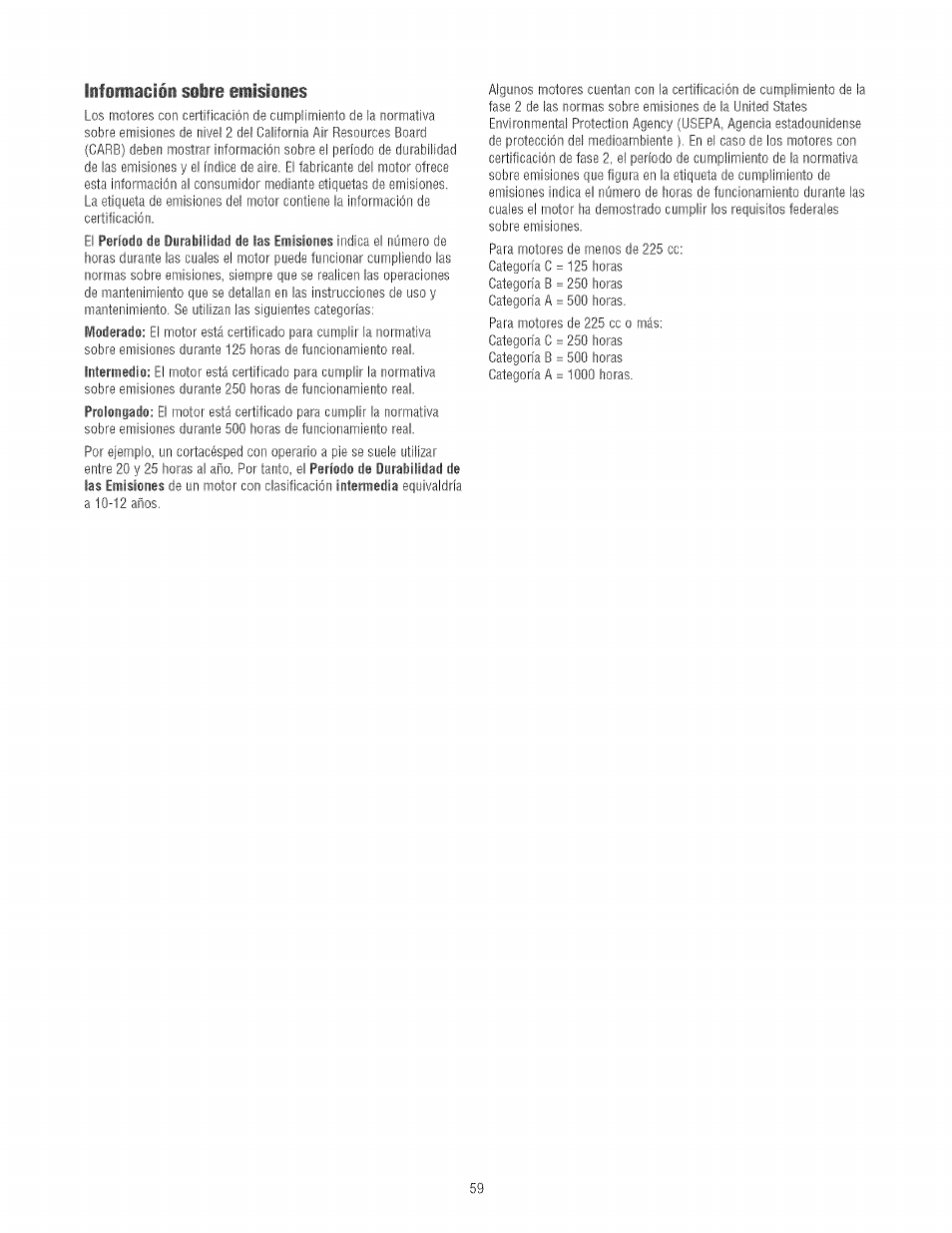 Lifirmación sobre emisiiies | Craftsman 580.752130 User Manual | Page 59 / 60