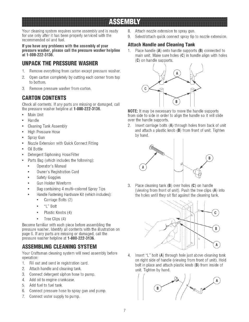 Iipaci tie pressure wisher, Carton contents, Assembling cleaning system | Attach handle and cleaning tank, Assembl | Craftsman 580.752130 User Manual | Page 7 / 60