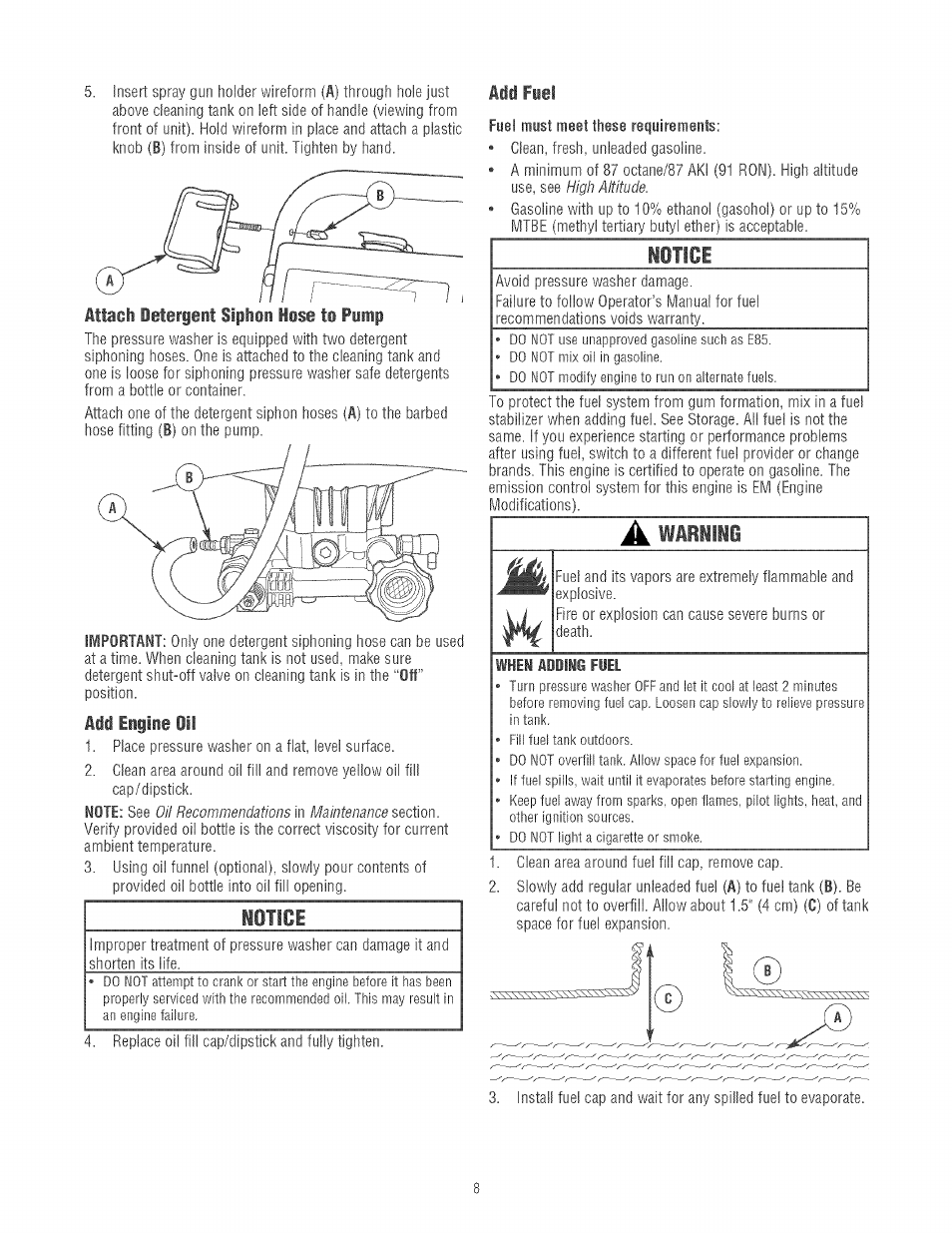 Taci ietergeni siphon hose to pimp, Add engine oil, Iotice | Mi fuel, Notice | Craftsman 580.752130 User Manual | Page 8 / 60