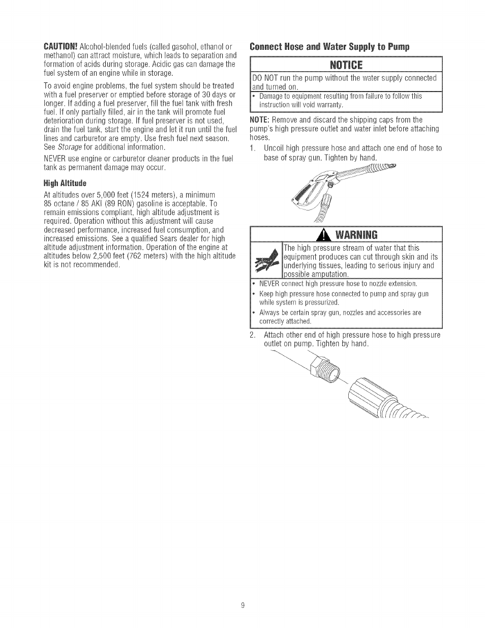 Cinnect hose and water supply to pump, A warilie | Craftsman 580.752130 User Manual | Page 9 / 60