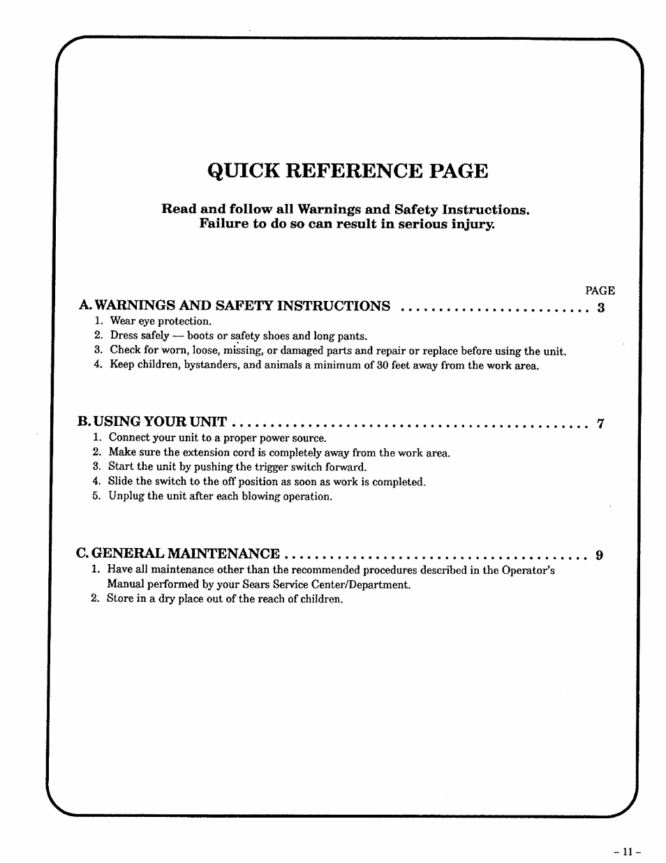 Quick reference page, B. using your unit, C. general maintenance | Craftsman 257.796362 User Manual | Page 11 / 12