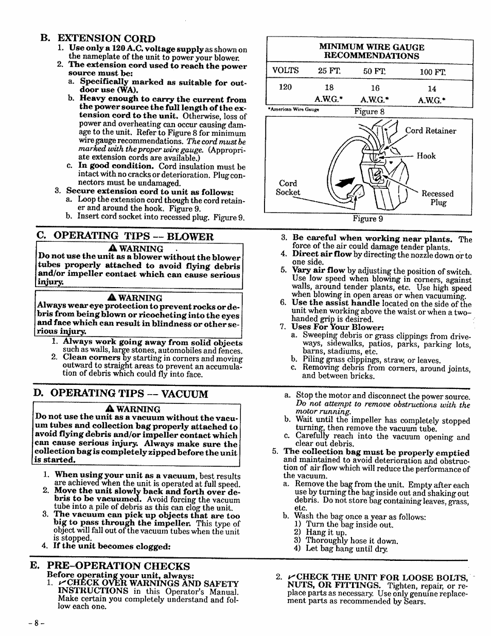 B. extension coed, G operating tips — blower, D. operating tips — vacuum | E. pre-operation checks | Craftsman 257.796362 User Manual | Page 8 / 12