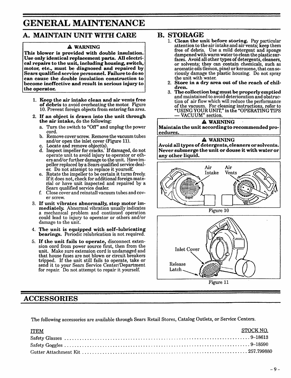 A. maintain unit with care, B. storage, Accessories | General maintenance | Craftsman 257.796362 User Manual | Page 9 / 12