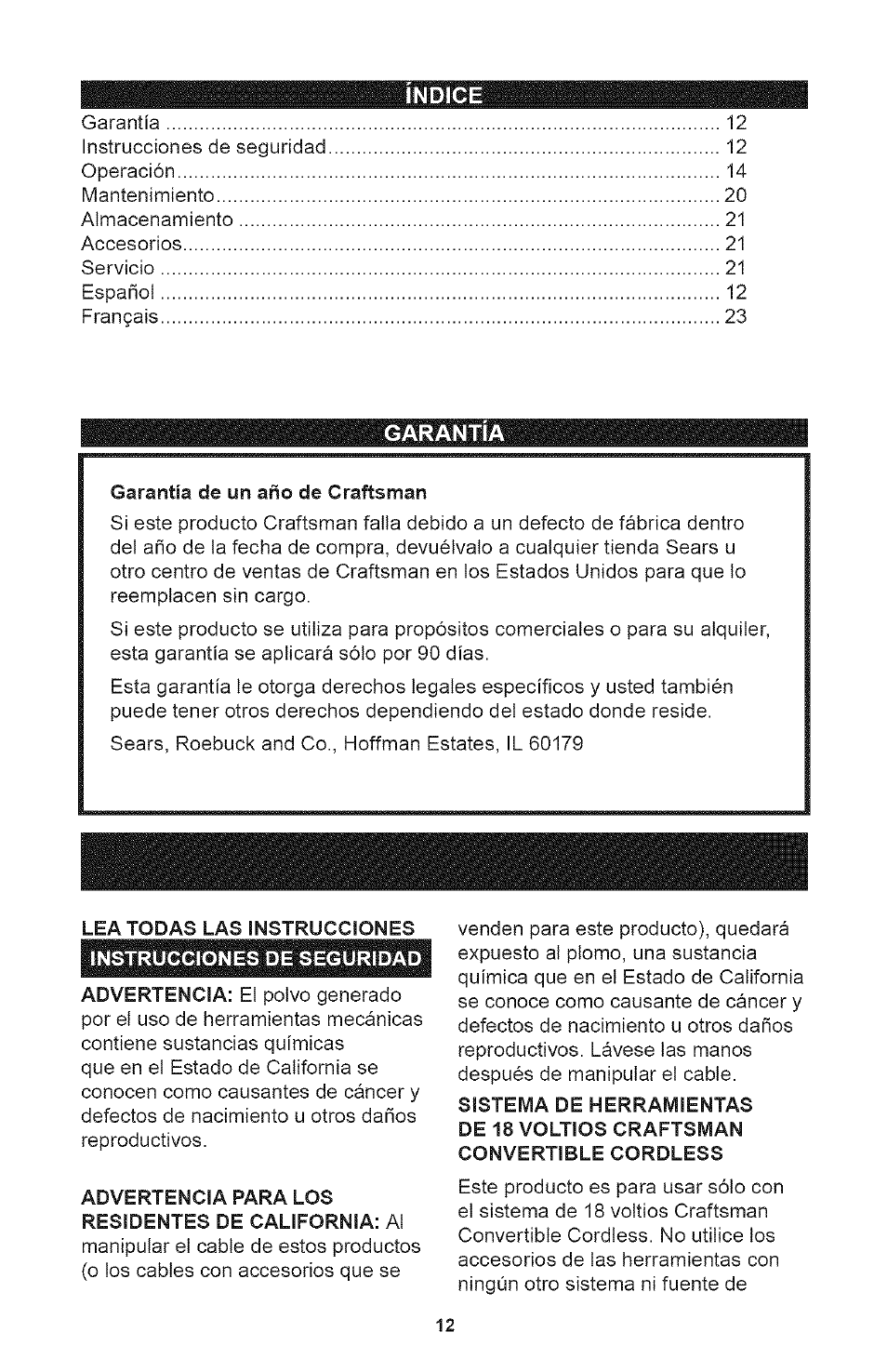 Indice, Garantia | Craftsman 700995 User Manual | Page 12 / 34