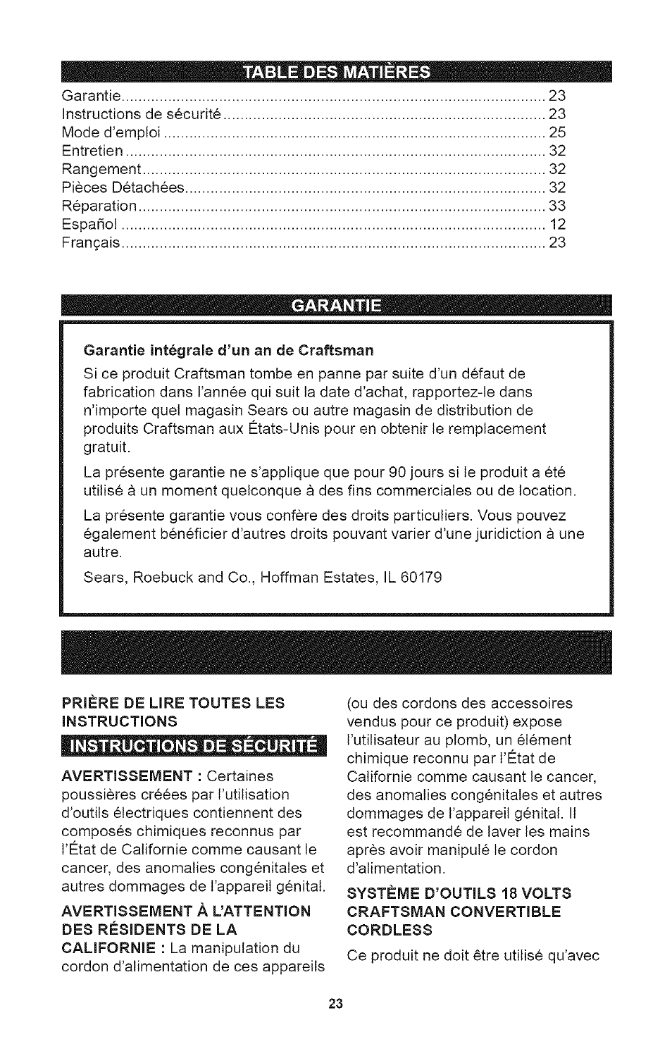 Table des matieres, Garantie, Instructions de securite | Craftsman 700995 User Manual | Page 23 / 34