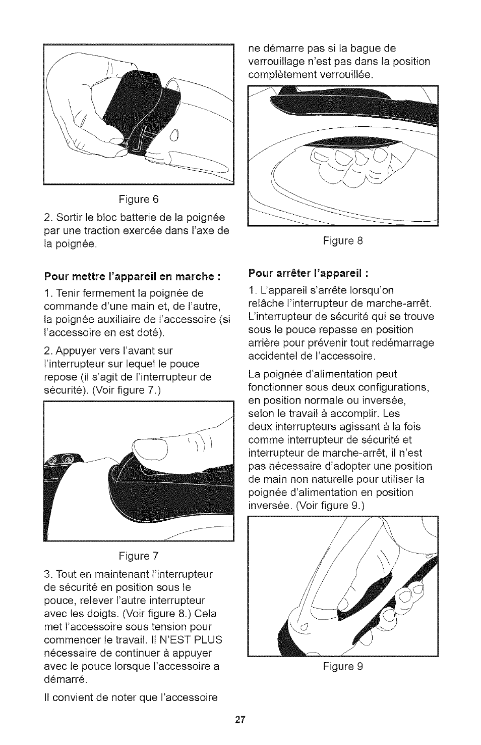 Pour mettre l’appareil en marche, Pour arrêter l’appareil | Craftsman 700995 User Manual | Page 27 / 34