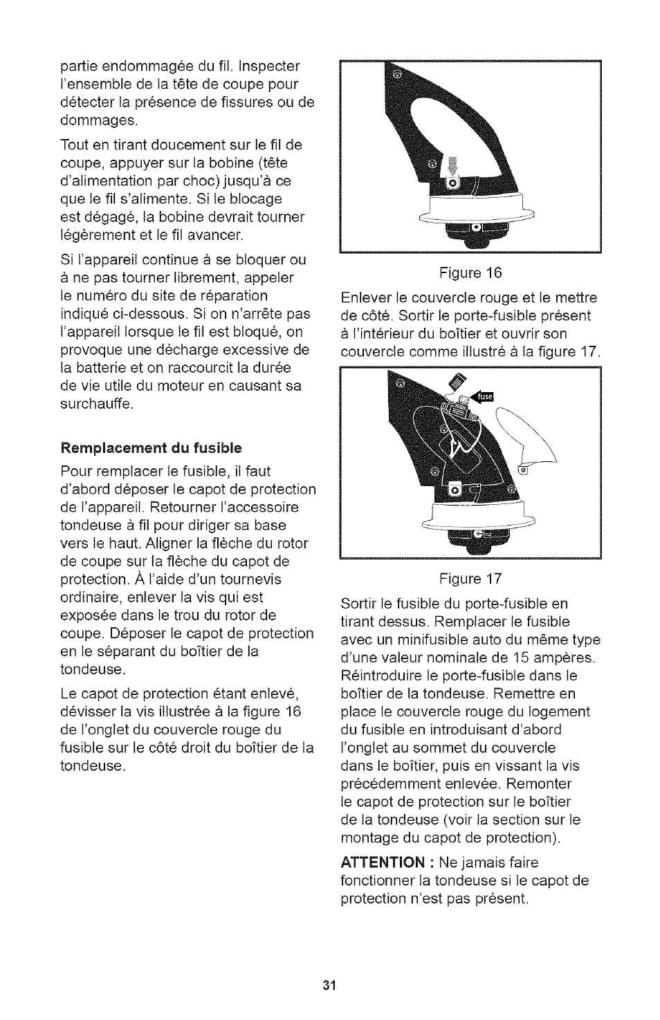 Remplacement du fusible, Attention | Craftsman 700995 User Manual | Page 31 / 34