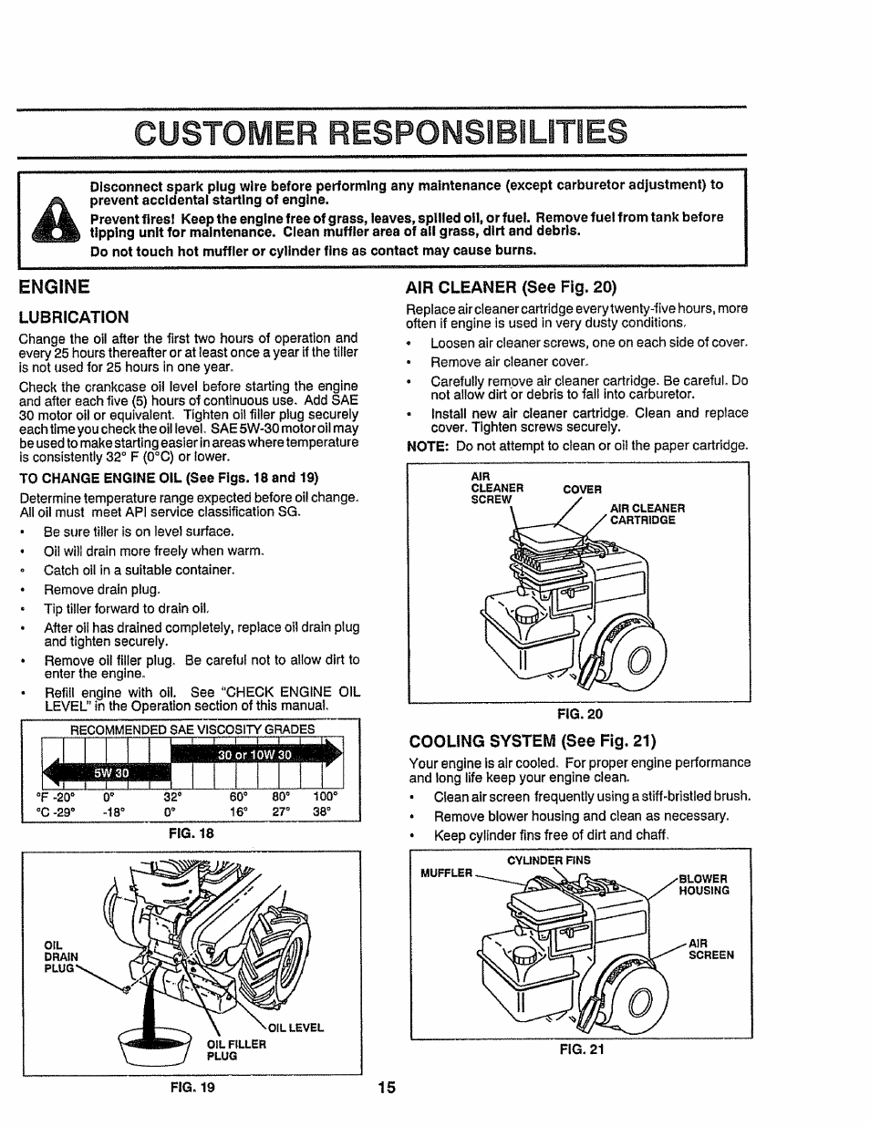 Engine, Lubrication, Air cleaner (see fig. 20) | Cooling system (see fig. 21), Customer responsibilities, I i i | Craftsman 917.299751 User Manual | Page 15 / 32