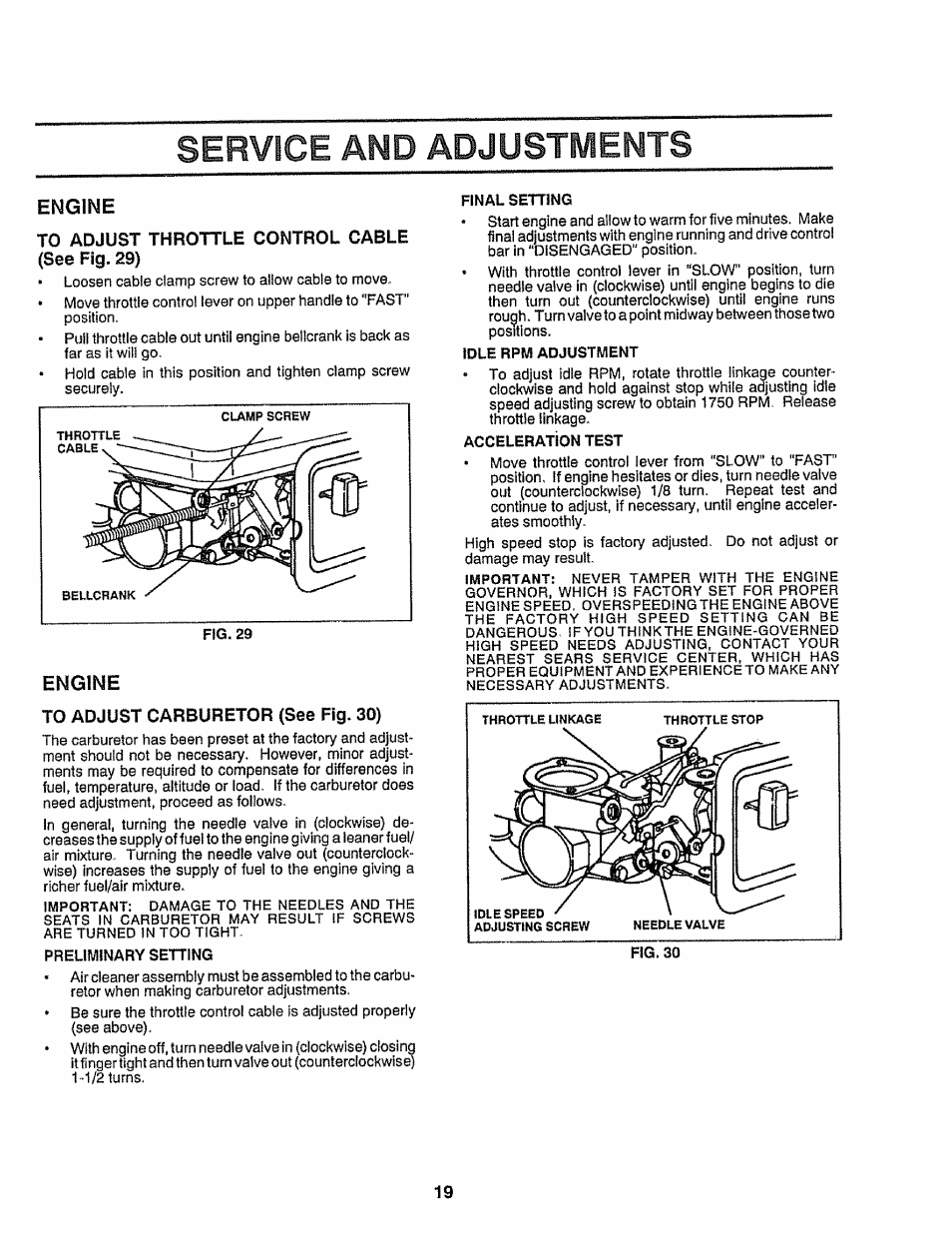 Engine, To adjust throttle control cable, See fig. 29) | To adjust carburetor (see fig. 30), Preliminary setting, Final setting, Idle rpm adjustment, Acceleration test, Service and adjustments | Craftsman 917.299751 User Manual | Page 19 / 32