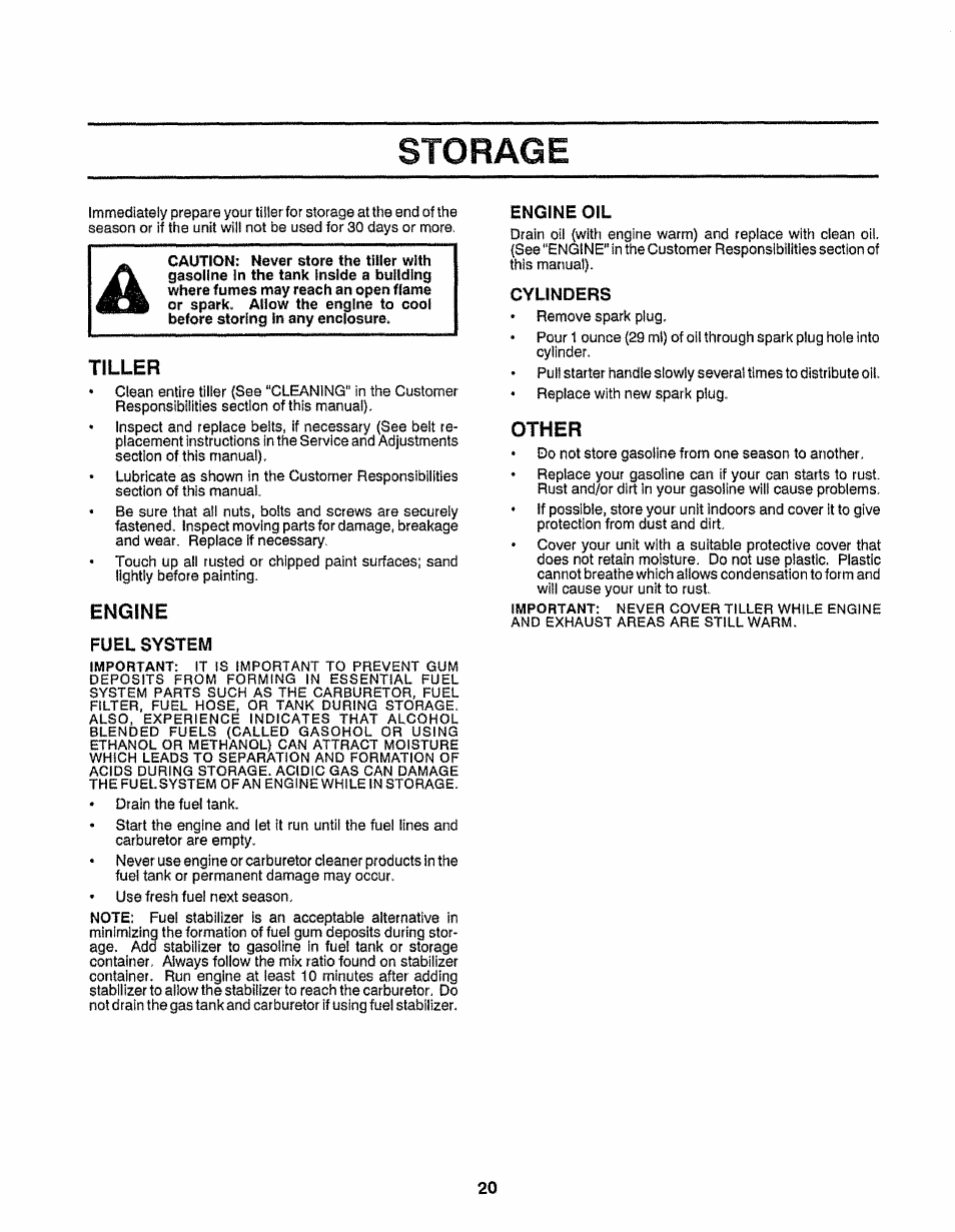Tiller, Engine, Fuel system | Engine oil, Cylinders, Other, Storage | Craftsman 917.299751 User Manual | Page 20 / 32