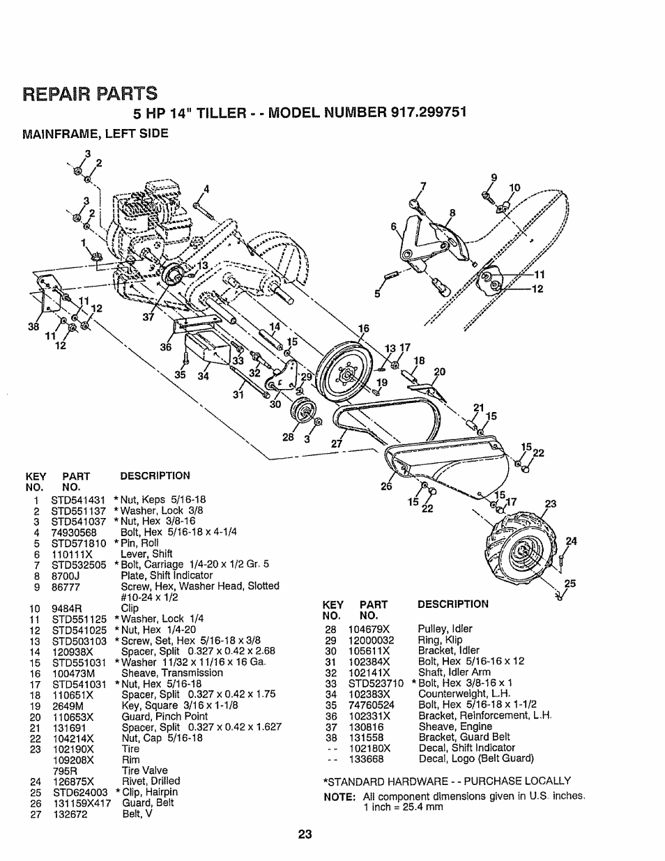 5 hp 14" tiller - - model number 917.299751, Repair parts | Craftsman 917.299751 User Manual | Page 23 / 32