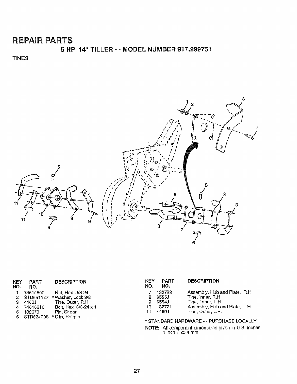 Repair parts, Tines | Craftsman 917.299751 User Manual | Page 27 / 32