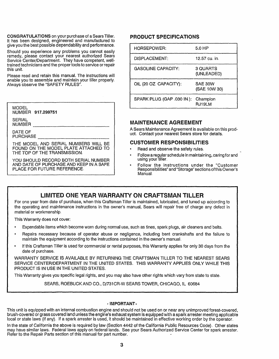 Product specifications, Maintenance agreement, Customer responsibilities | Limited one year warranty on craftsman tiller | Craftsman 917.299751 User Manual | Page 3 / 32