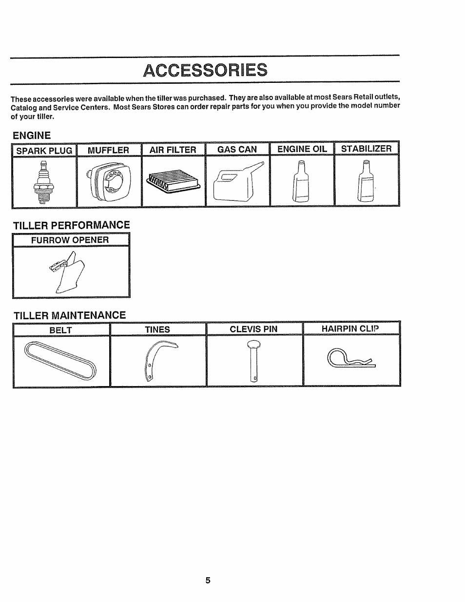 Engine, Tiller performance, Tiller maintenance | Accessories | Craftsman 917.299751 User Manual | Page 5 / 32