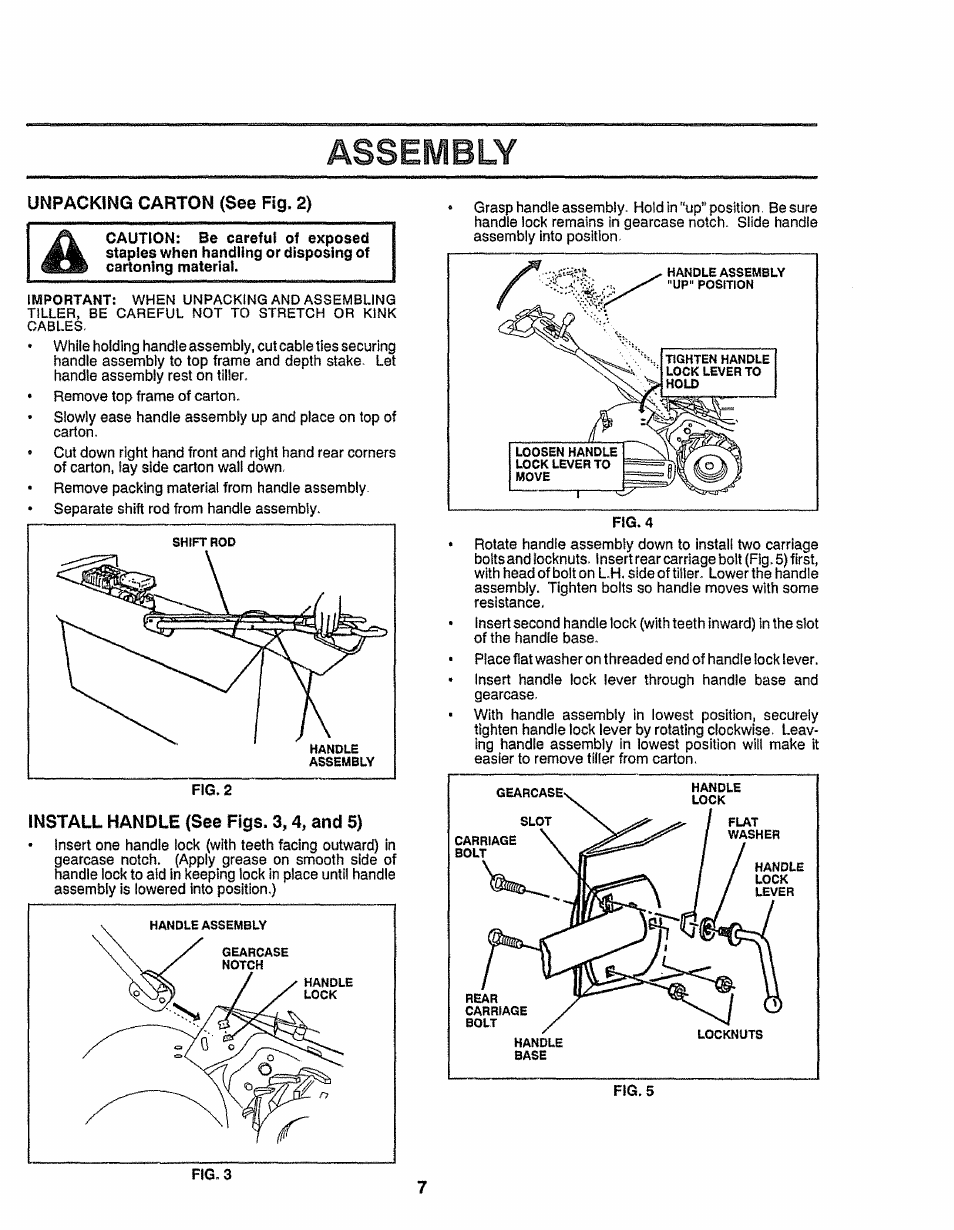 Unpacking carton (see fig. 2), Install handle (see figs. 3,4, and 5), Assembly | Craftsman 917.299751 User Manual | Page 7 / 32