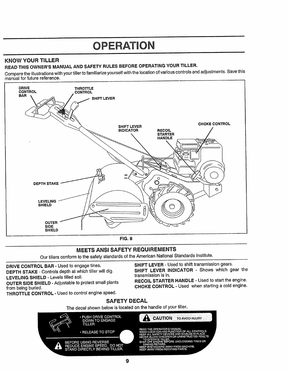 Know your tiller, Meets ansi safety requirements, Safety decal | Operation | Craftsman 917.299751 User Manual | Page 9 / 32
