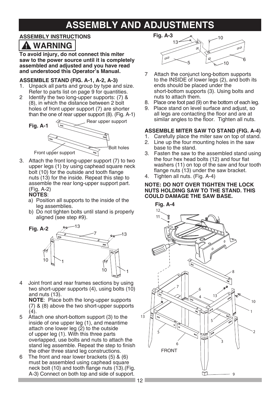 Assembly and adjustments, Warning | Craftsman 137.21241 User Manual | Page 12 / 31