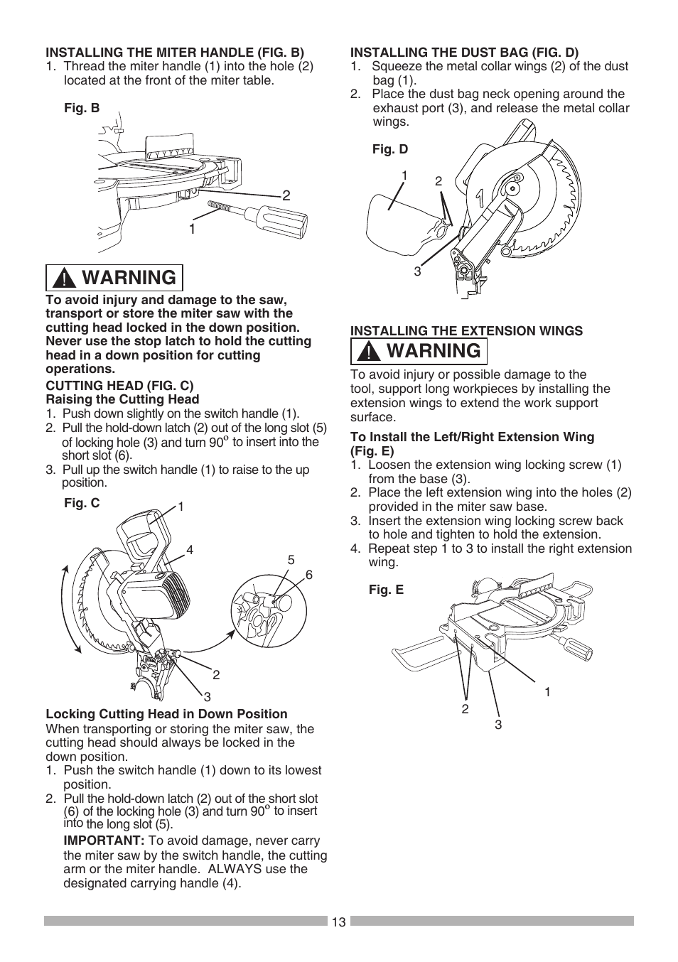 Warning | Craftsman 137.21241 User Manual | Page 13 / 31