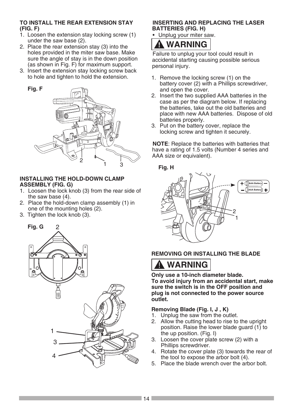 Warning | Craftsman 137.21241 User Manual | Page 14 / 31