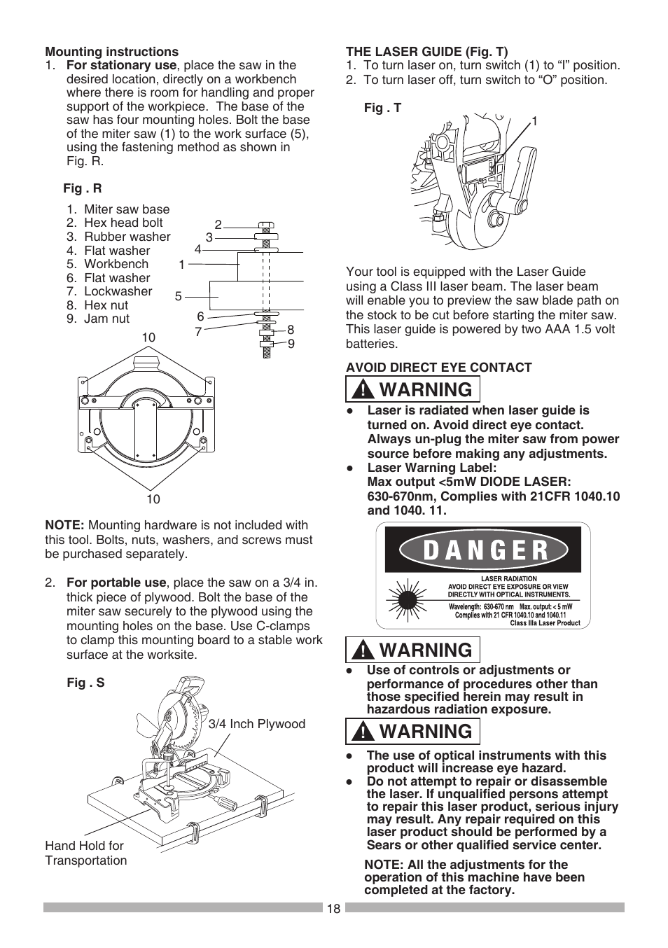 Warning | Craftsman 137.21241 User Manual | Page 18 / 31