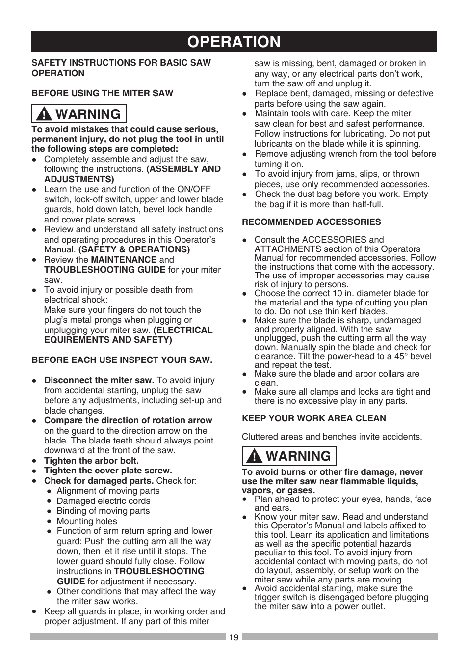 Operation, Warning | Craftsman 137.21241 User Manual | Page 19 / 31