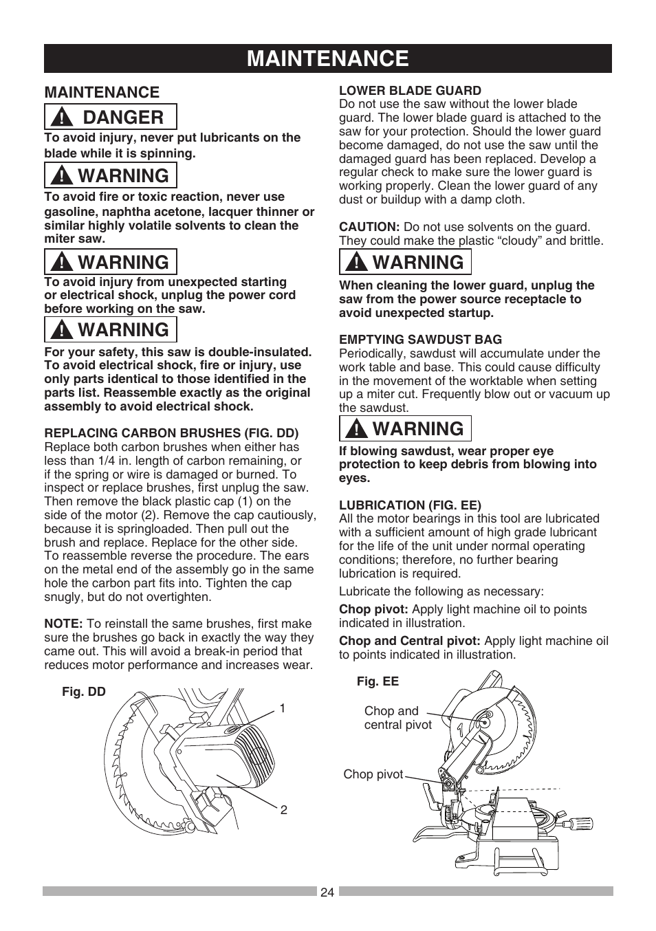 Maintenance, Danger, Warning | Craftsman 137.21241 User Manual | Page 24 / 31