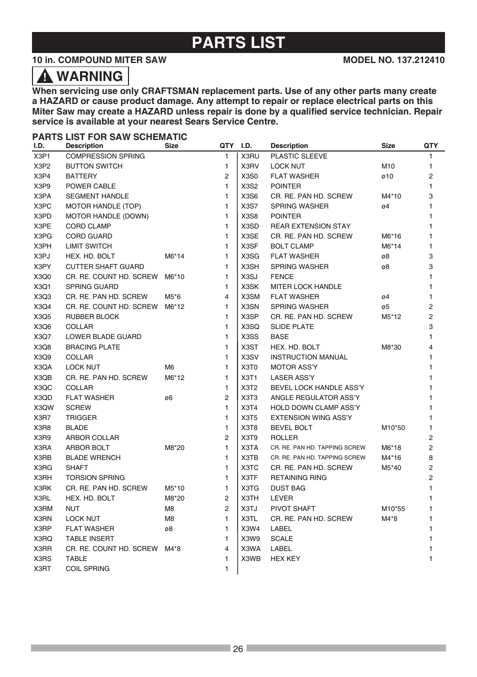 Parts list, Warning | Craftsman 137.21241 User Manual | Page 26 / 31