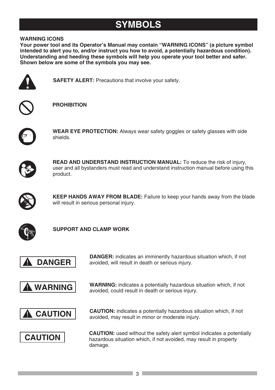 Symbols, Danger, Warning | Caution | Craftsman 137.21241 User Manual | Page 3 / 31