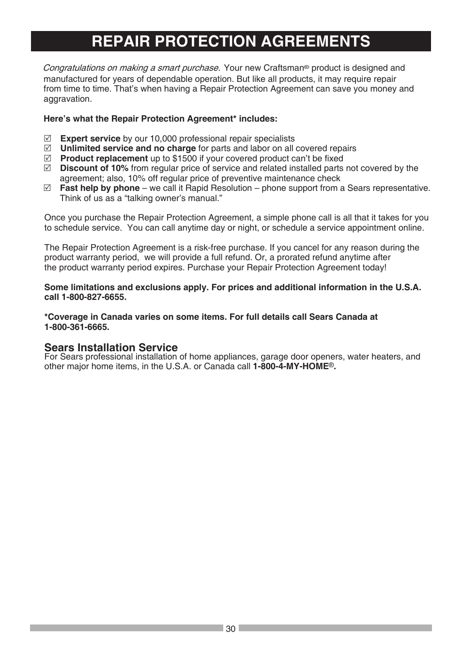 Get it ﬁxed, at your home or ours, Repair protection agreements, Sears installation service | Craftsman 137.21241 User Manual | Page 30 / 31