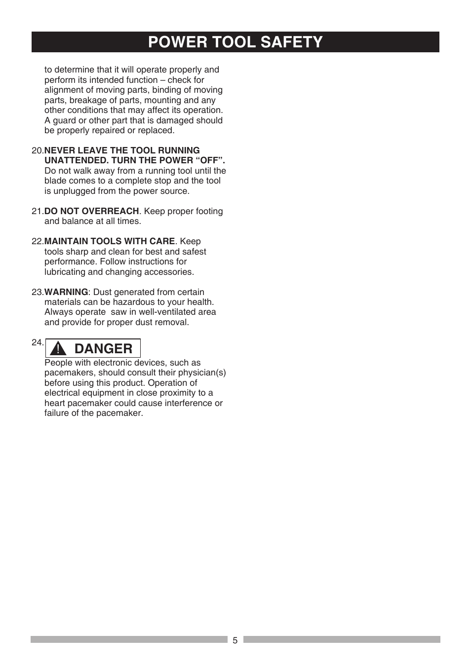 Power tool safety, Danger | Craftsman 137.21241 User Manual | Page 5 / 31