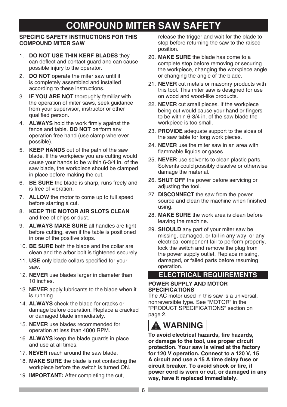 Compound miter saw safety, Warning, Electrical requirements | Craftsman 137.21241 User Manual | Page 6 / 31