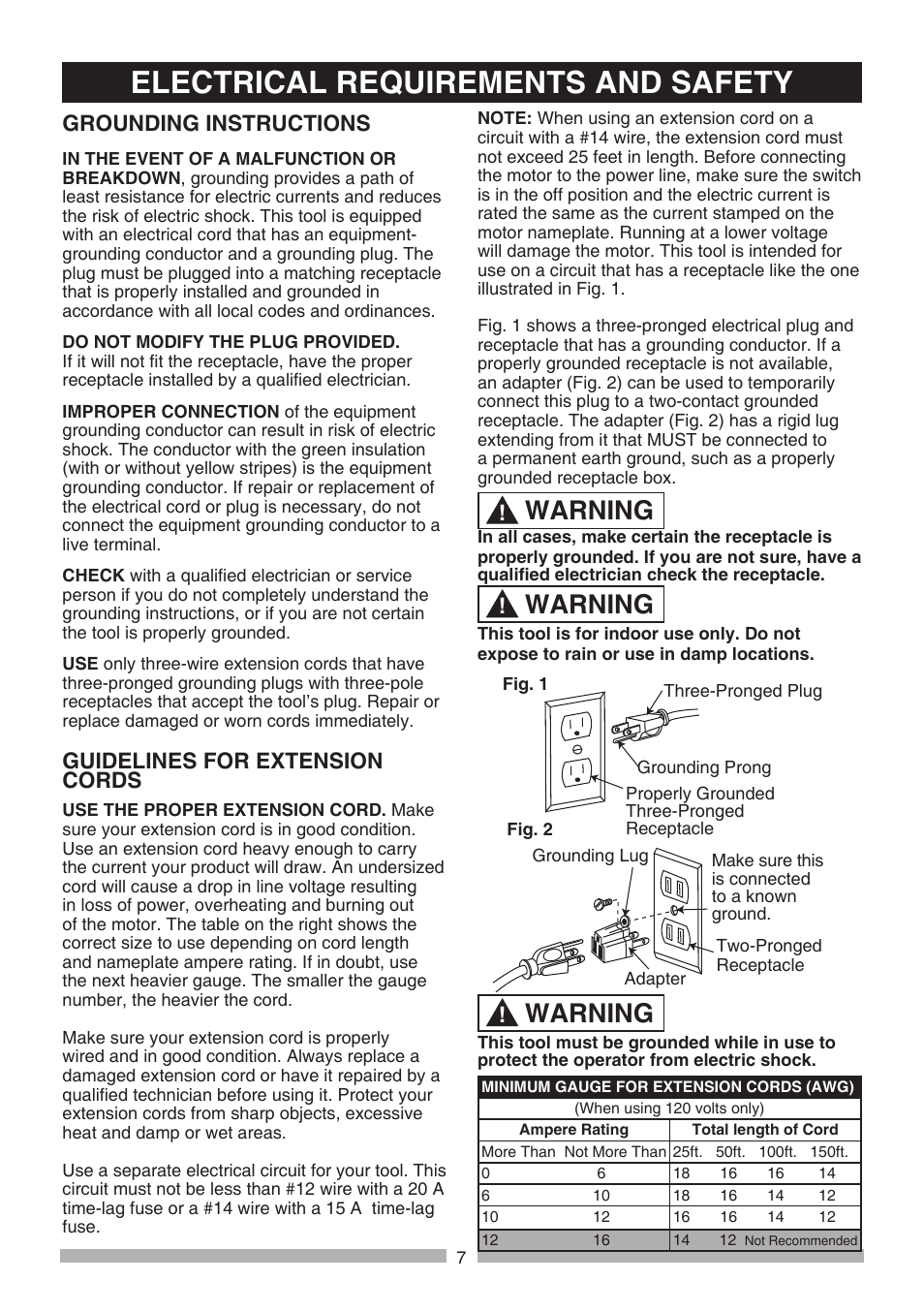 Electrical requirements and safety, Warning, Grounding instructions | Guidelines for extension cords | Craftsman 137.21241 User Manual | Page 7 / 31