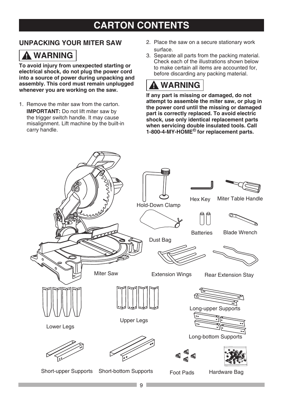 Carton contents, Warning | Craftsman 137.21241 User Manual | Page 9 / 31