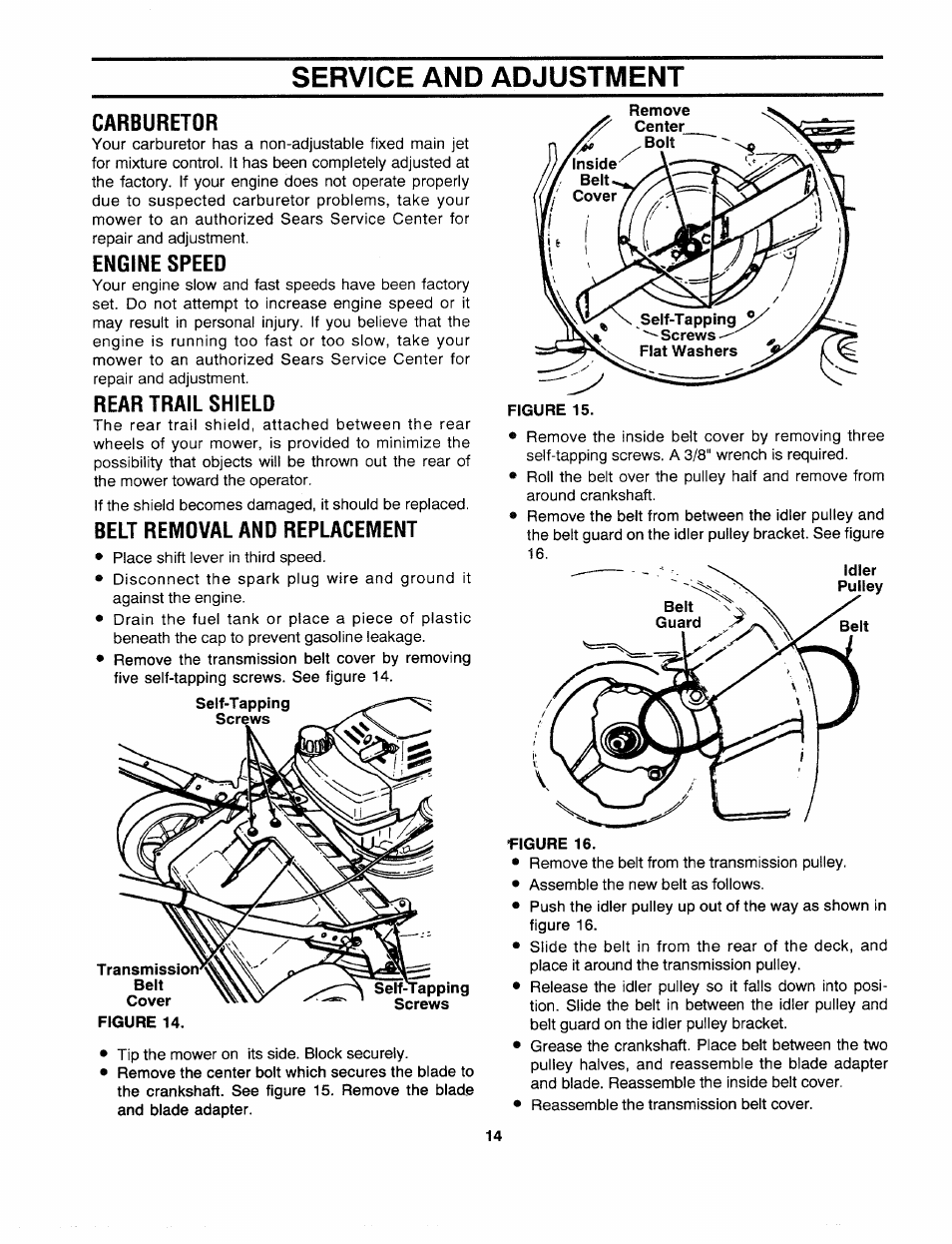 Service and adjustment, Carburetor, Engine speed | Rear trail shield, Belt remdval and replacement, Belt removal and replacement.14 | Craftsman 247.372900 User Manual | Page 14 / 24