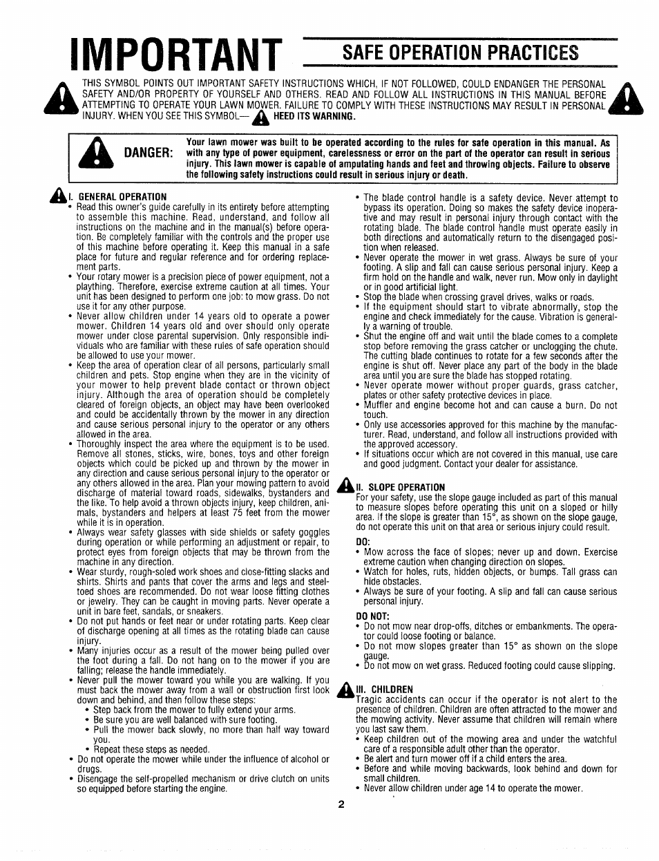 Safe operation practices, General operation, Important | Danger, Step back from the mower to fully extend your arms | Craftsman 247.372900 User Manual | Page 2 / 24