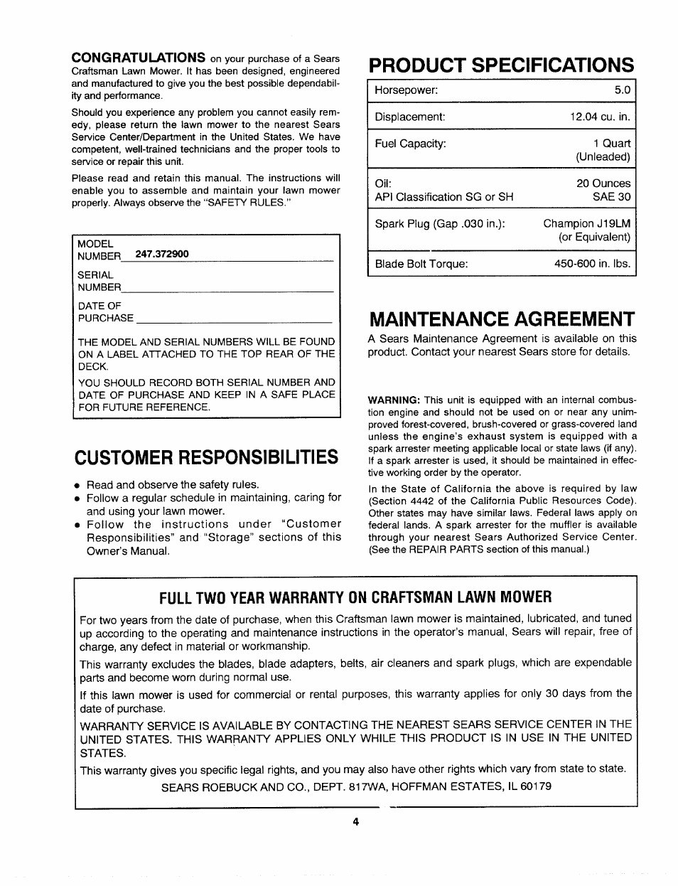 Product specifications, Customer responsibilities, Maintenance agreement | Full two year warranty on craftsman lawn mower | Craftsman 247.372900 User Manual | Page 4 / 24
