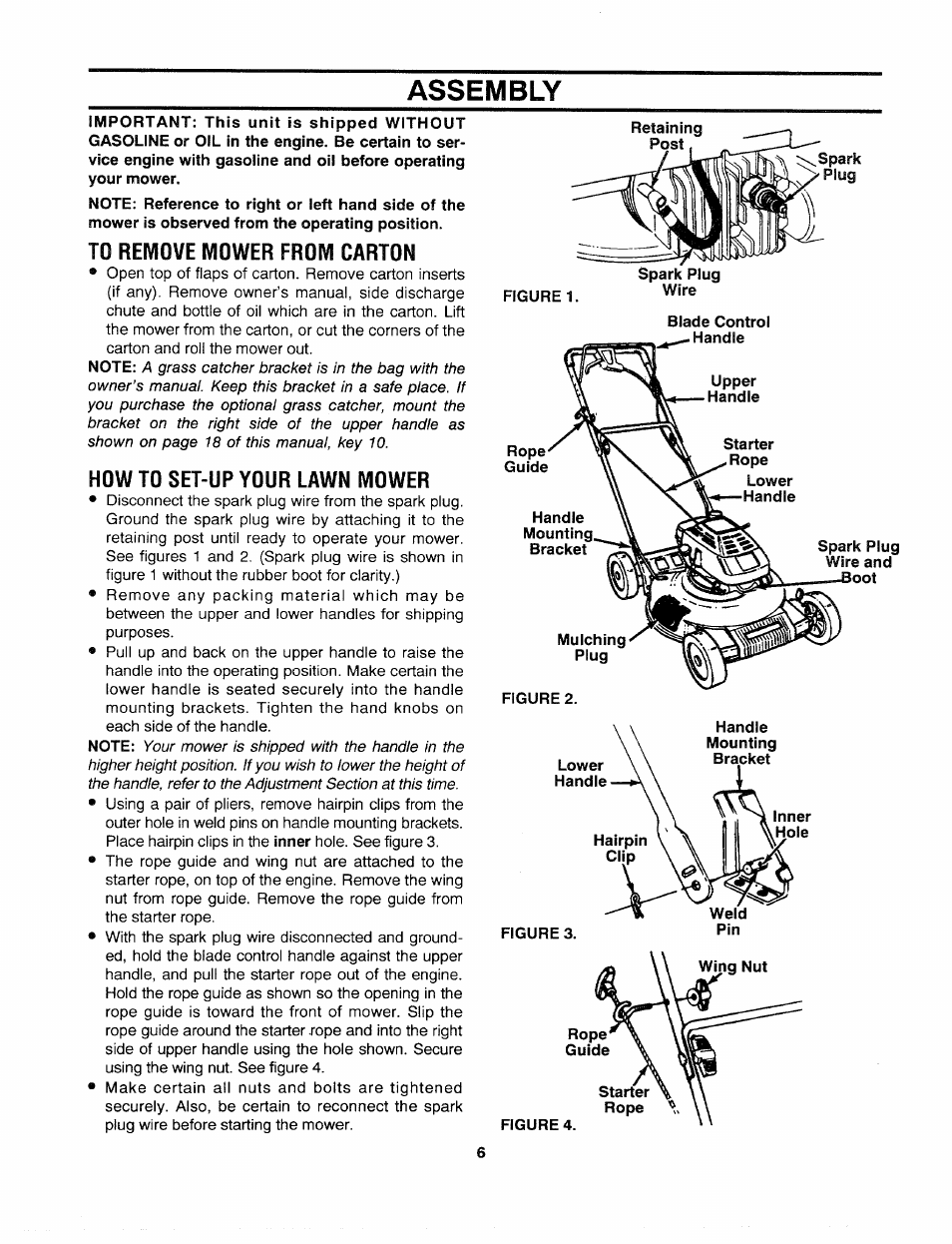 Assembly, To remove mower from carton, How to set-up your lawn mower | Figure 1, Figure 2, Remove mower from carton | Craftsman 247.372900 User Manual | Page 6 / 24