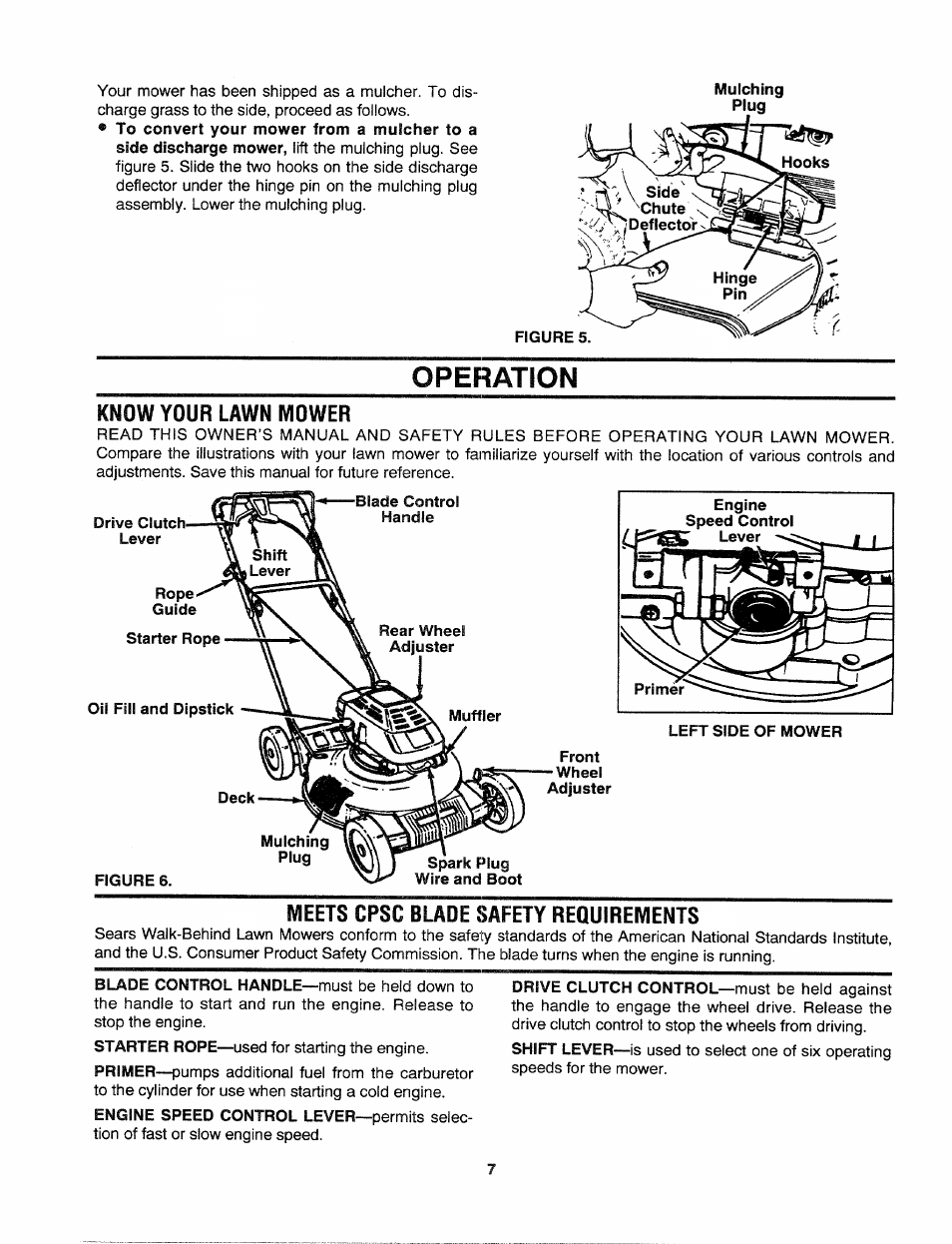 Know your lawn mower, Meets cpsc blade safety requirements, Operation | Blade, Meets cpsc, Safety requirements | Craftsman 247.372900 User Manual | Page 7 / 24