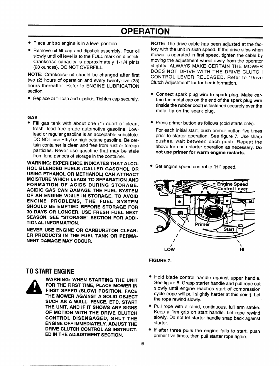 Operation, To start engine | Craftsman 247.372900 User Manual | Page 9 / 24