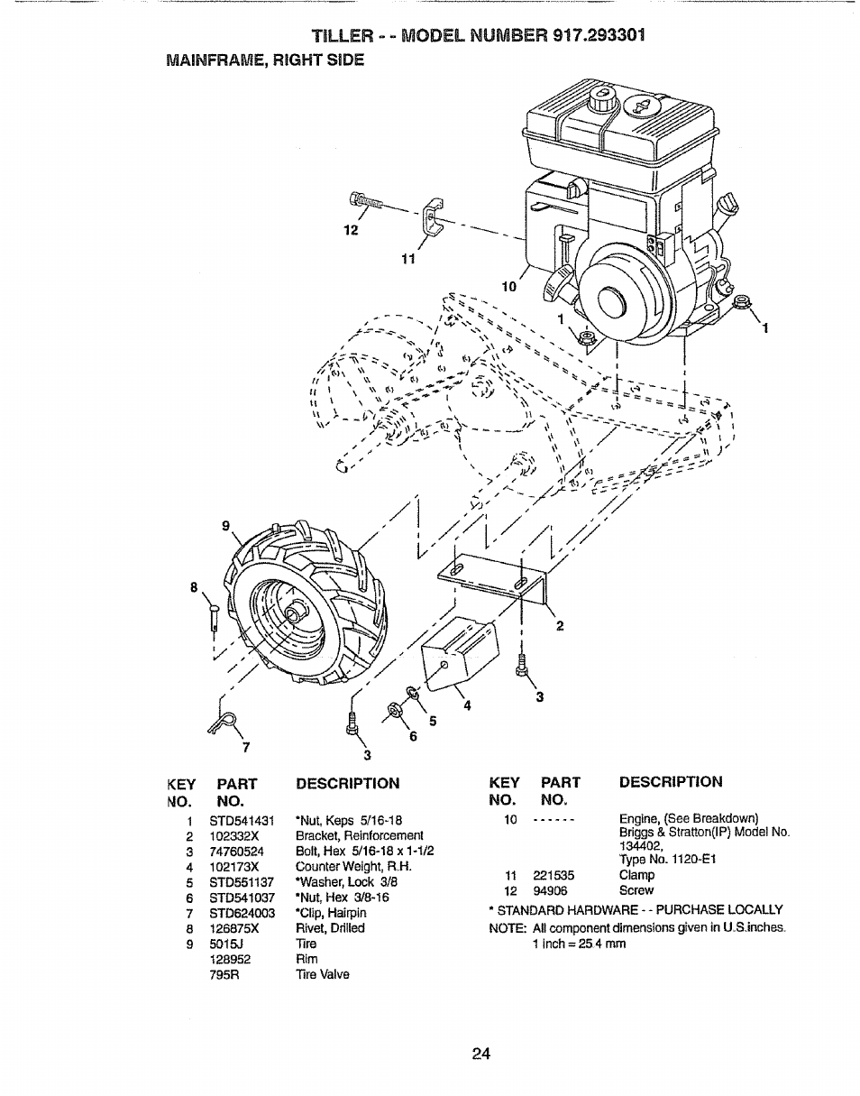 Key райт mo. no, Description, Part | Tiller | Craftsman 917.293301 User Manual | Page 24 / 36