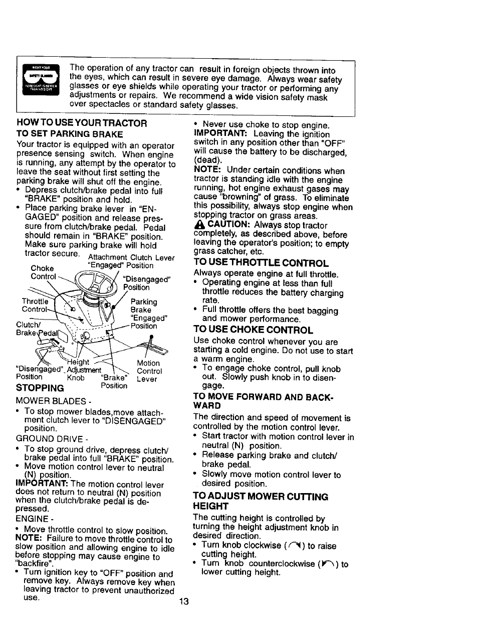 How to use your tractor to set parking brake, To move forward and backward | Craftsman 917.270962 User Manual | Page 13 / 60