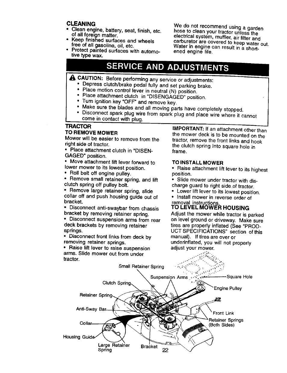 Cleaning, Service and adjustments, To install mower | Craftsman 917.270962 User Manual | Page 22 / 60