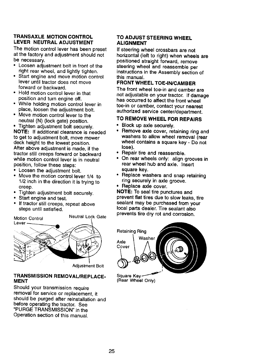 Transaxle motion control lever neutral adjustment | Craftsman 917.270962 User Manual | Page 25 / 60