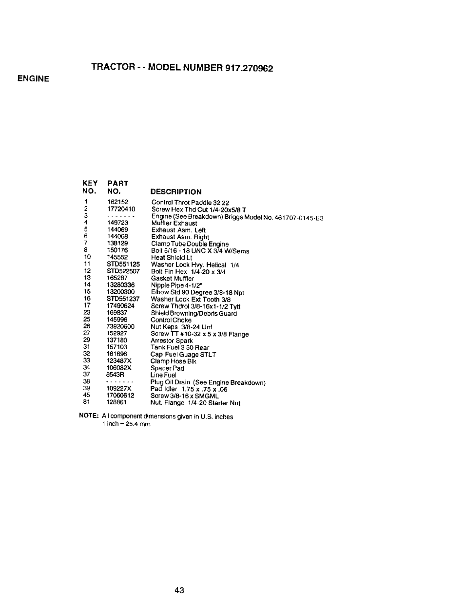 Key part no. no, Description | Craftsman 917.270962 User Manual | Page 43 / 60