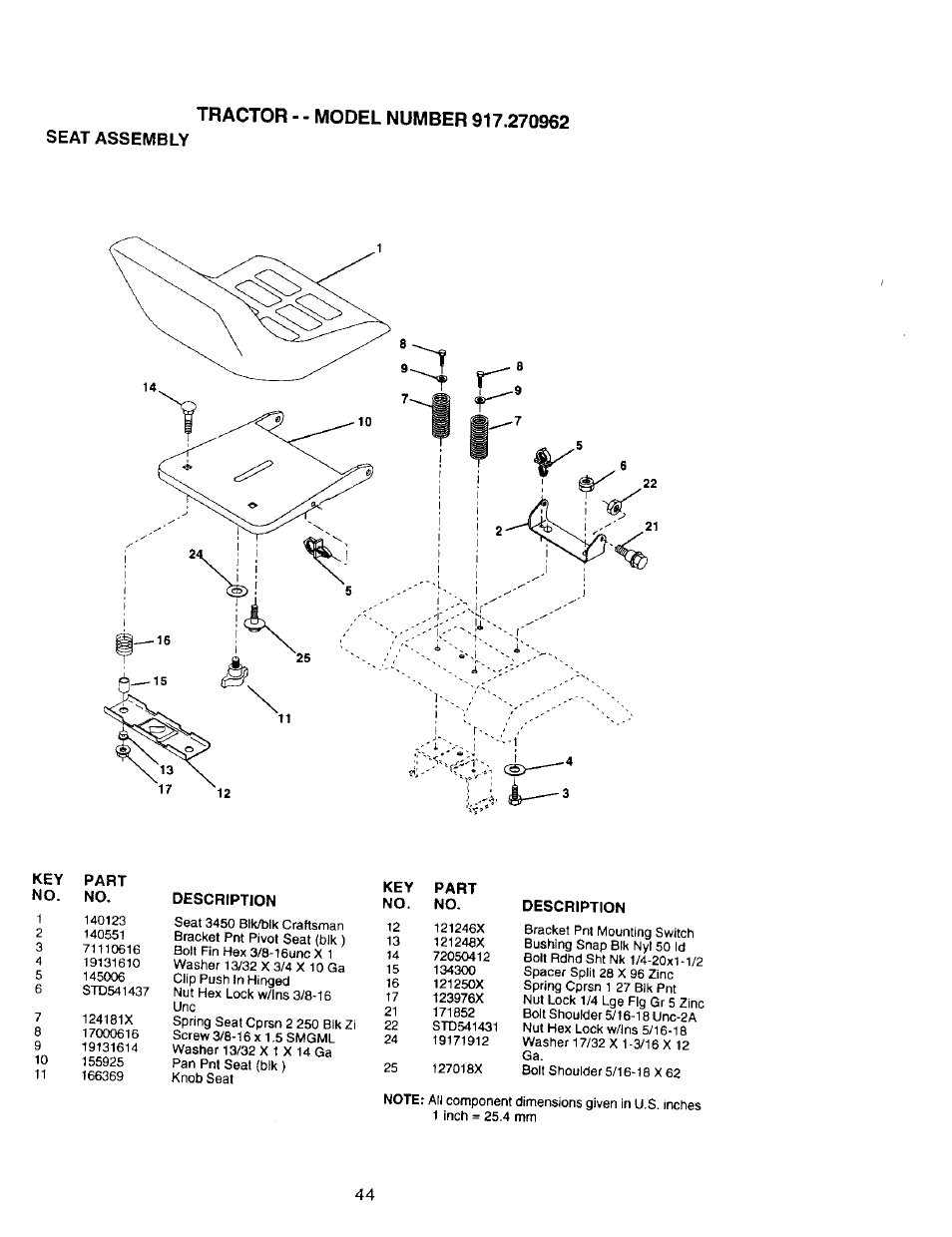 Key part no. no, Descrtption, Description | Craftsman 917.270962 User Manual | Page 44 / 60