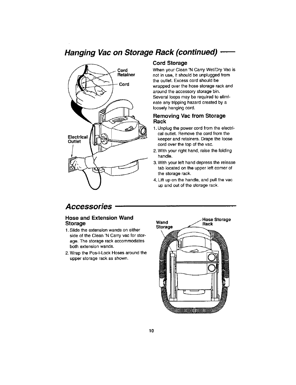 Hanging vac on storage rack (continued), Cord storage, Removing vac from storage rack | Accessories, Hose and extension wand, Storage, Hanging vac on storage rack accessories | Craftsman 113.179255 User Manual | Page 10 / 16